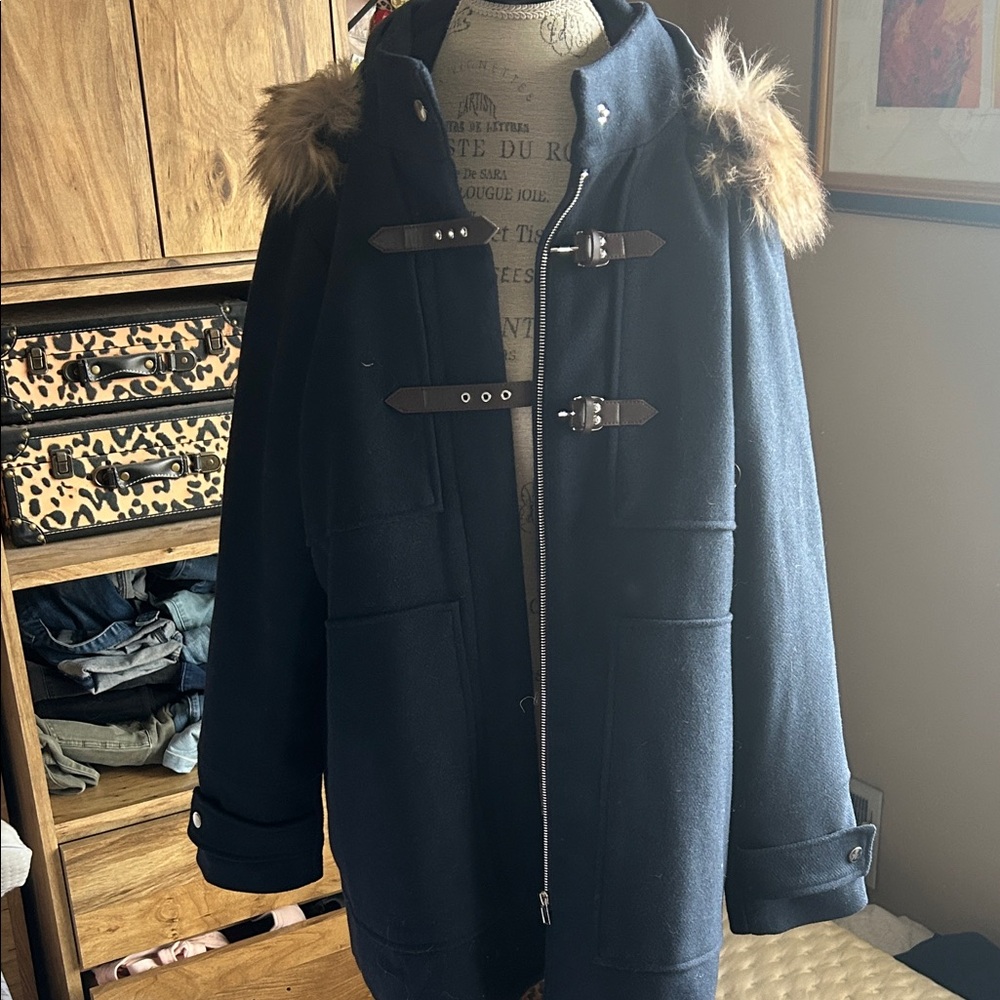 Coffee Shop NY Navy Coat with Faux Fur Trim - XXL
